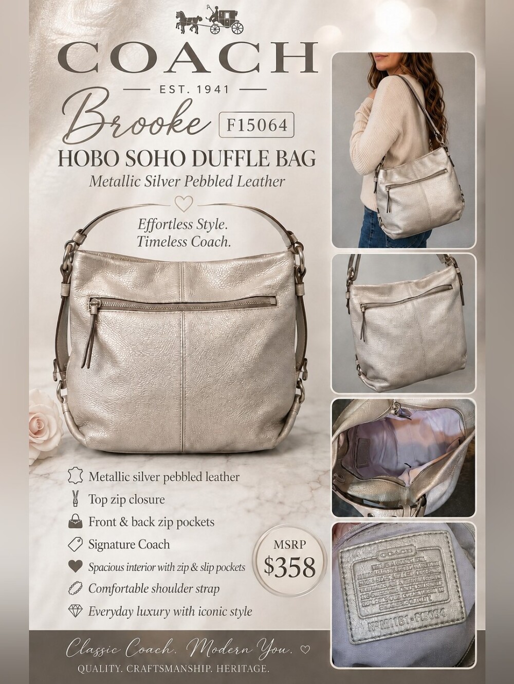 Coach Brooke F15064 Metallic Silver Pebbled Leather Hobo Soho Duffle Bag - $358